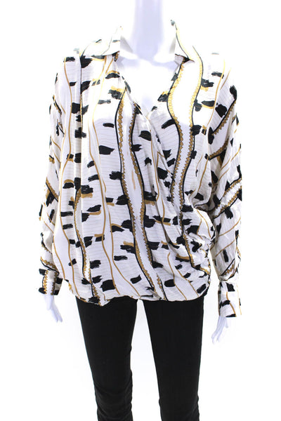 Reiss Womens Striped Print Snap Buttoned V-Neck Long Sleeve Blouse White Size 6