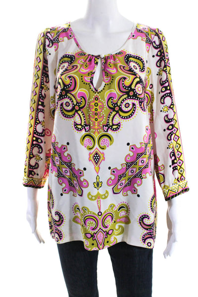 Tibi Womens Silk Abstract Print Long Sleeves Blouse White Multi Colored Size 10