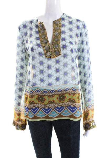 Nicole Miller Studio Womens Silk Abstract Print Sequined Blouse Multi Colored Si