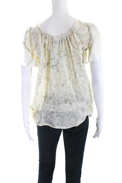 Cotelac Womens Cotton Graphic Print Embroidered Short Sleeve Blouse Beige Size 0