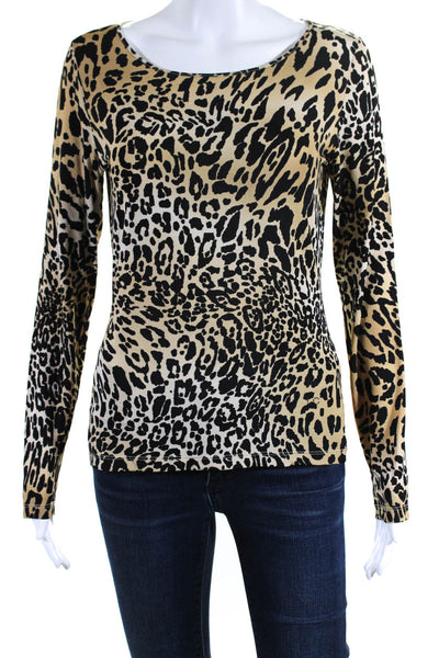 Les Copains Womens Brown Leopard Print Crew Neck Long Sleeve Blouse Top Size 40