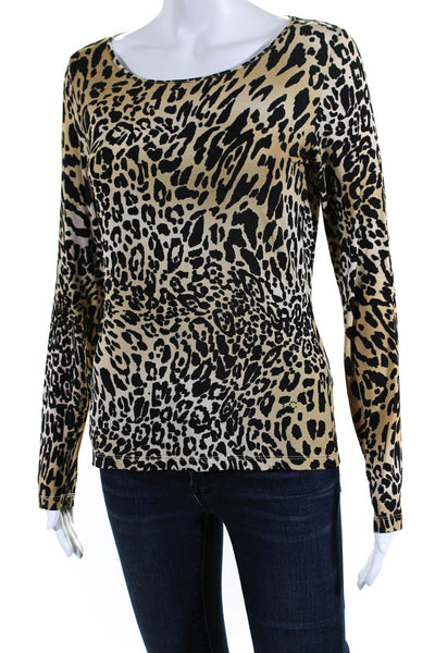 Les Copains Womens Brown Leopard Print Crew Neck Long Sleeve Blouse Top Size 40