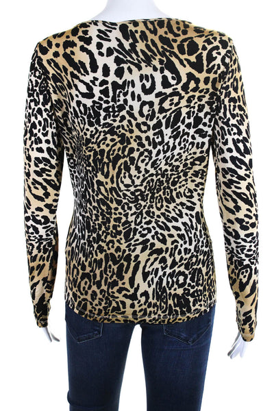 Les Copains Womens Brown Leopard Print Crew Neck Long Sleeve Blouse Top Size 40