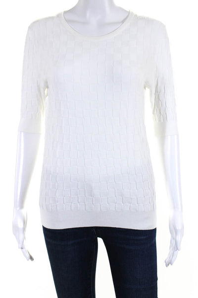 Escada Womens White Textured Crew Neck Short Sleeve Blouse Top Size L