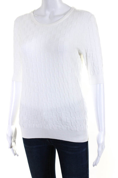 Escada Womens White Textured Crew Neck Short Sleeve Blouse Top Size L