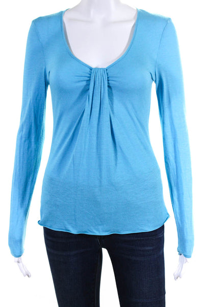 Giorgio Armani Womens Sky Blue Scoop Neck Pleated Long Sleeve Blouse Top Size 42