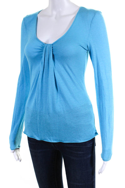 Giorgio Armani Womens Sky Blue Scoop Neck Pleated Long Sleeve Blouse Top Size 42