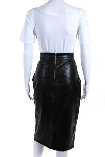 Iorane Womens Black Vegan Leather Ruffle Zip Front Midi Pencil Skirt Size 42/L