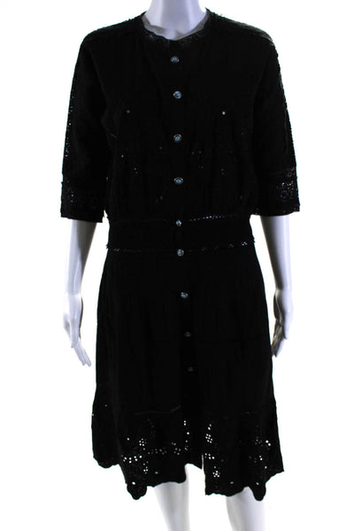 The Kooples Womens Long Sleeve Embroidered Button Down A line Dress Black Size 2