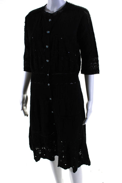 The Kooples Womens Long Sleeve Embroidered Button Down A line Dress Black Size 2