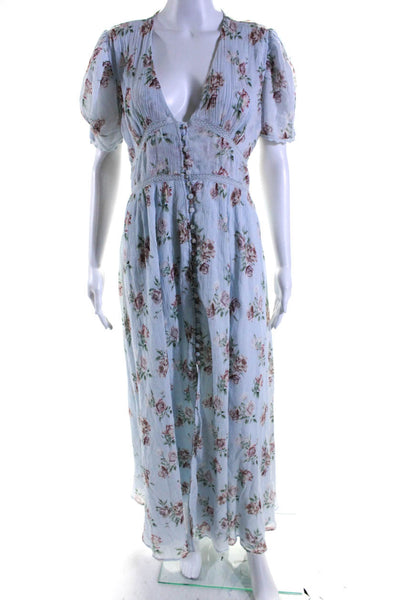 Love Shack Fancy Womens Floral Short Sleeve Button Down Maxi Dress Blue Size M