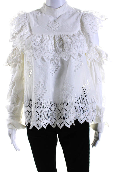 Sea New York Womens Cotton Long Sleeve Mock Neck Eyelet lace Blouse White Size 4