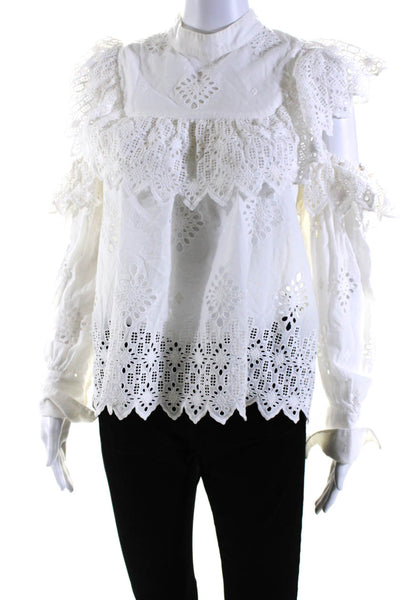 Sea New York Womens Cotton Long Sleeve Mock Neck Eyelet lace Blouse White Size 4