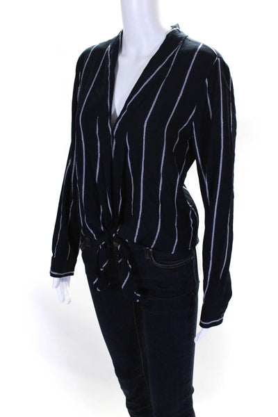 Rails Womens Long Sleeve V Neck Striped Tie Front Shirt Navy Blue Gray Medium