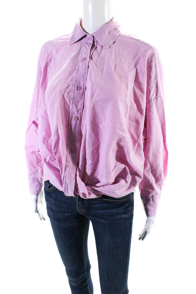 YFB Womens Cotton Collared Button Up Twisted Hem Crop Blouse Top Pink Size XS