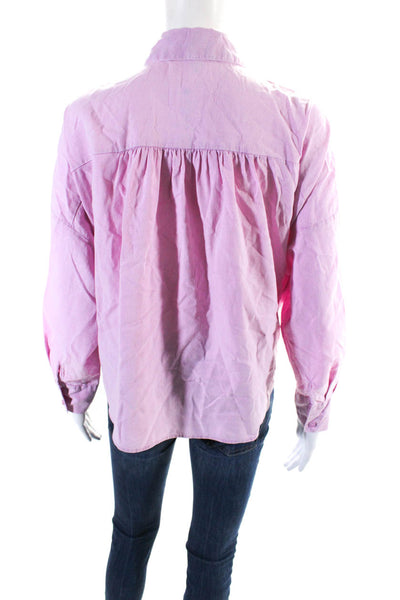 YFB Womens Cotton Collared Button Up Twisted Hem Crop Blouse Top Pink Size XS