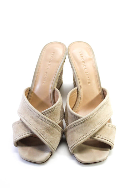 Veronica Beard Suede Criss Cross Strappy Raffia Wedges Sandals Beige Size 7.5