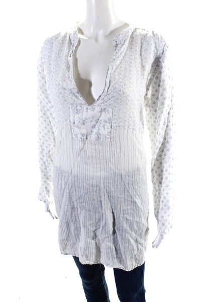 CP Shades Womens Striped Print Long Sleeve V-Neck Tunic Blouse White Blue Size S