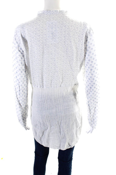 CP Shades Womens Striped Print Long Sleeve V-Neck Tunic Blouse White Blue Size S