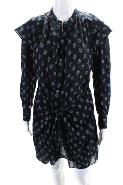 Xirena Womens Cotton Paisley Print Button Up Tie Front Shirt Dress Navy Size XS