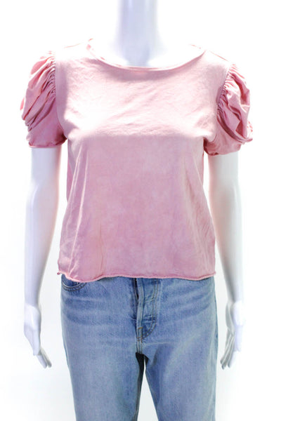 Love Shack Fancy Womens Cotton Puff Sleeve Raw Hem T shirt Blouse Pink Size S