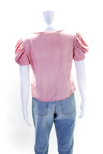 Love Shack Fancy Womens Cotton Puff Sleeve Raw Hem T shirt Blouse Pink Size S