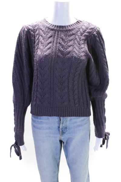 525 Womens Puff Sleeve Cable Knit Crewneck Pullover Sweater Purple Size S