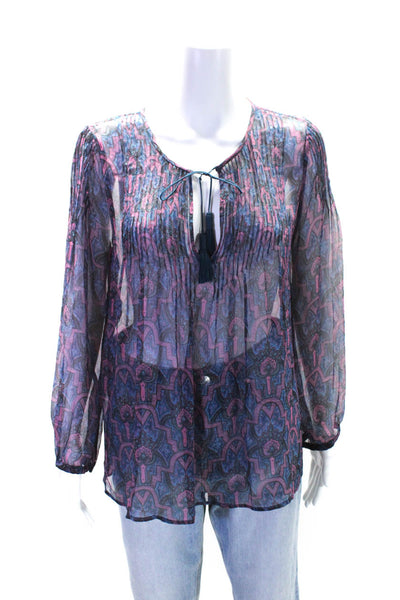 Joie Women's V-Neck Long Sleeves Multicolor Tassel Sheer Blouse Size M