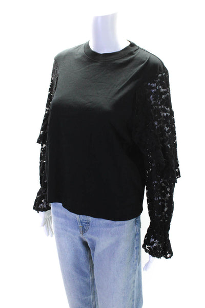 See by Chloe Women's Round Neck Lace Long Sleeves Blouse Black Size S