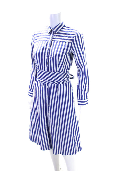 J Crew Women's Long Sleeves Belted Button Down Flare Midi Dress Stripe Size 0