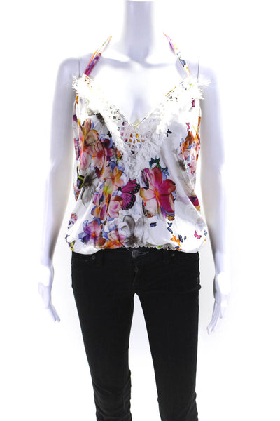 Vanita Rosa Womens Floral Butterfly Print Halter Top Blouse White Size Small