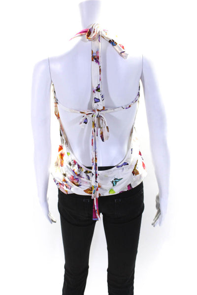 Vanita Rosa Womens Floral Butterfly Print Halter Top Blouse White Size Small