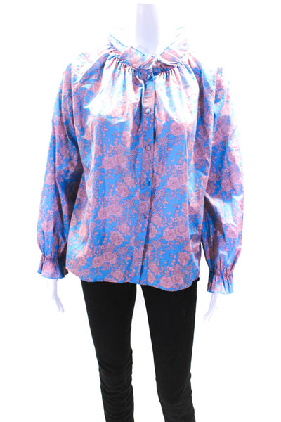 Cynthia Rowley Womens Floral Print Button Down Shirt Blue Pink Size Extra Small