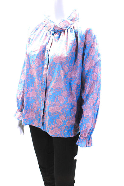 Cynthia Rowley Womens Floral Print Button Down Shirt Blue Pink Size Extra Small