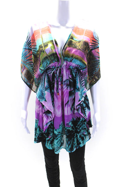 Blue Rod Beattie Womens Palm Tree Print V Neck Blouse Multi Colored Size Small