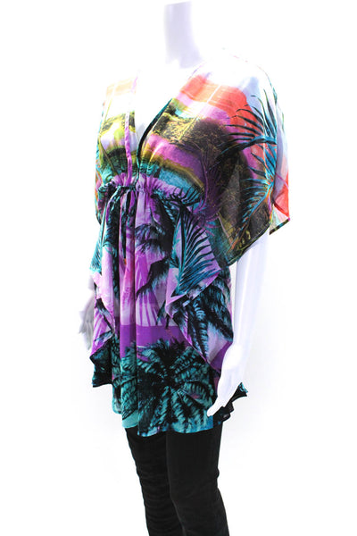 Blue Rod Beattie Womens Palm Tree Print V Neck Blouse Multi Colored Size Small