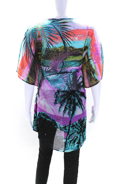 Blue Rod Beattie Womens Palm Tree Print V Neck Blouse Multi Colored Size Small