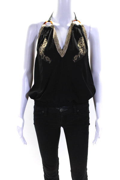 Vanita Rosa Womens Lace Detail Halter Top Blouse Black Gold Size Extra Small