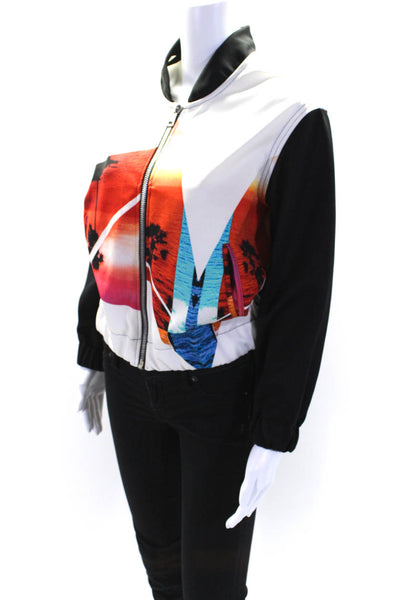 The Textile Rebels Womens Palm Beach Print Full Zipper Bomber Jacket White Size