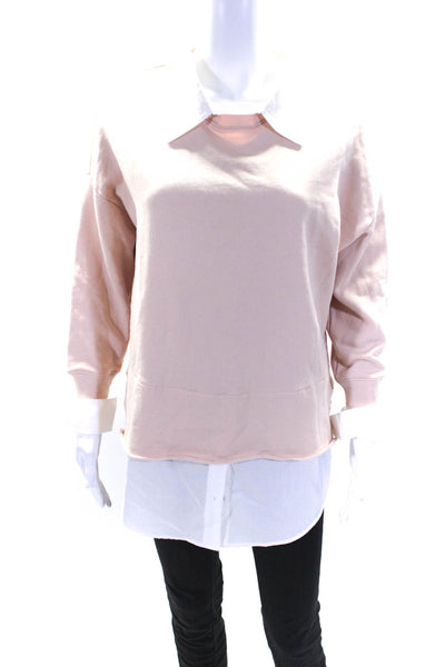 NSF Women's Collared Long Sleeves Distress Hem Sweatshirt Pink White Size P