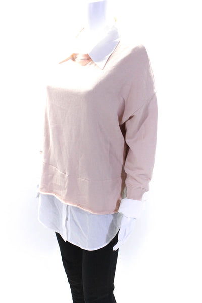 NSF Women's Collared Long Sleeves Distress Hem Sweatshirt Pink White Size P