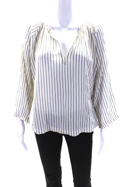 Masscob Women's V-Neck Long Sleeves Stripe Blouse White Blue Size M