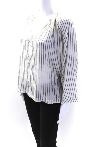 Masscob Women's V-Neck Long Sleeves Stripe Blouse White Blue Size M