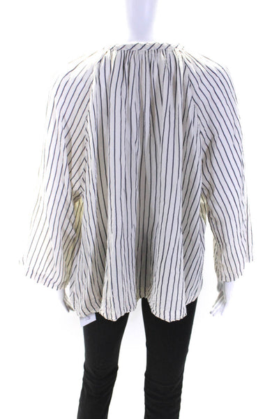 Masscob Women's V-Neck Long Sleeves Stripe Blouse White Blue Size M