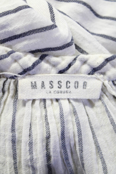 Masscob Women's V-Neck Long Sleeves Stripe Blouse White Blue Size M