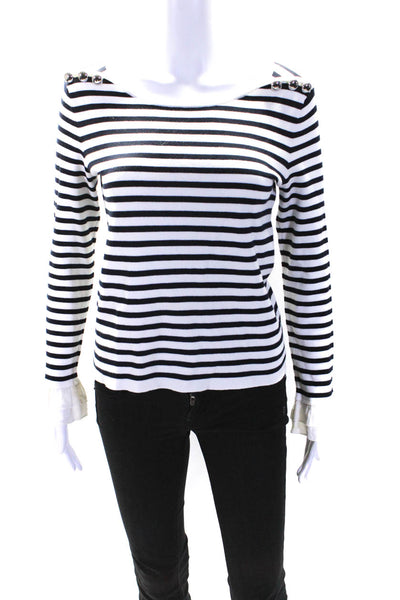 Claudie Pierlot Women's Round Neck Long Sleeves Ruffle Stripe Blouse Size 1