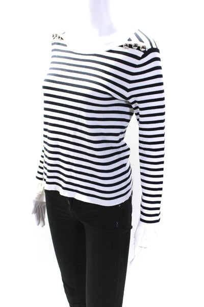 Claudie Pierlot Women's Round Neck Long Sleeves Ruffle Stripe Blouse Size 1