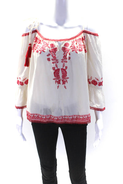 Love Sam Women's Cold Shoulder Short Sleeves Embroidered Blouse Cream Red Size S