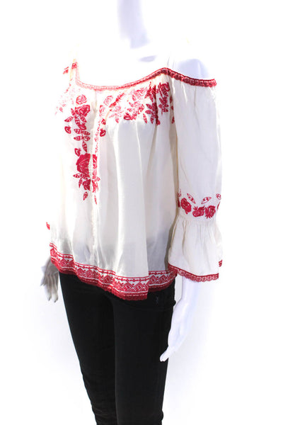 Love Sam Women's Cold Shoulder Short Sleeves Embroidered Blouse Cream Red Size S