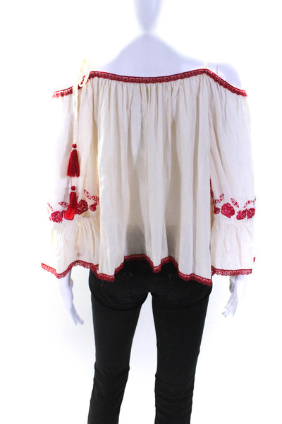 Love Sam Women's Cold Shoulder Short Sleeves Embroidered Blouse Cream Red Size S